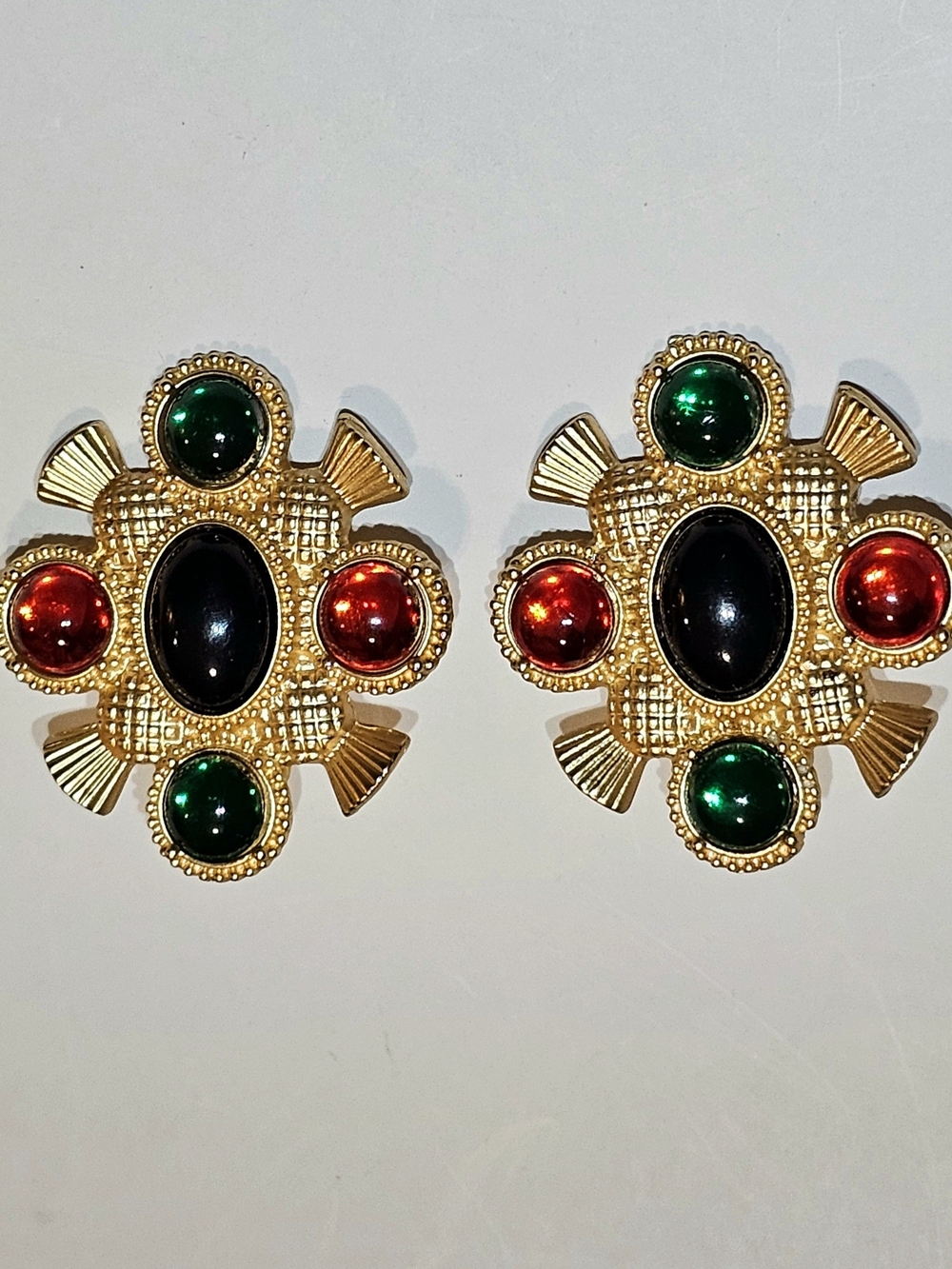 Matte Gold-plated Multicolor Cabochon Statement Earrings Black, Red & Green